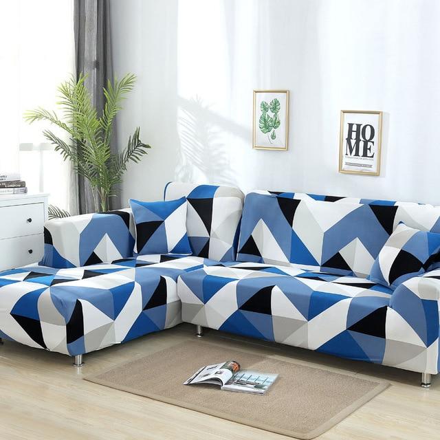 Housse de canapé d'angle Marina - 14 motifs différents Canapé Atelier de la housse Bleu géométrique 1 place et 1 place 