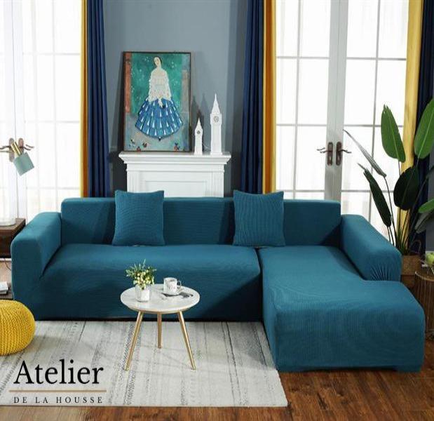 Housse de canapé d'angle nervurée Julia - 19 coloris différents Canapé Atelier de la housse Turquoise 3 places - 190-230cm 